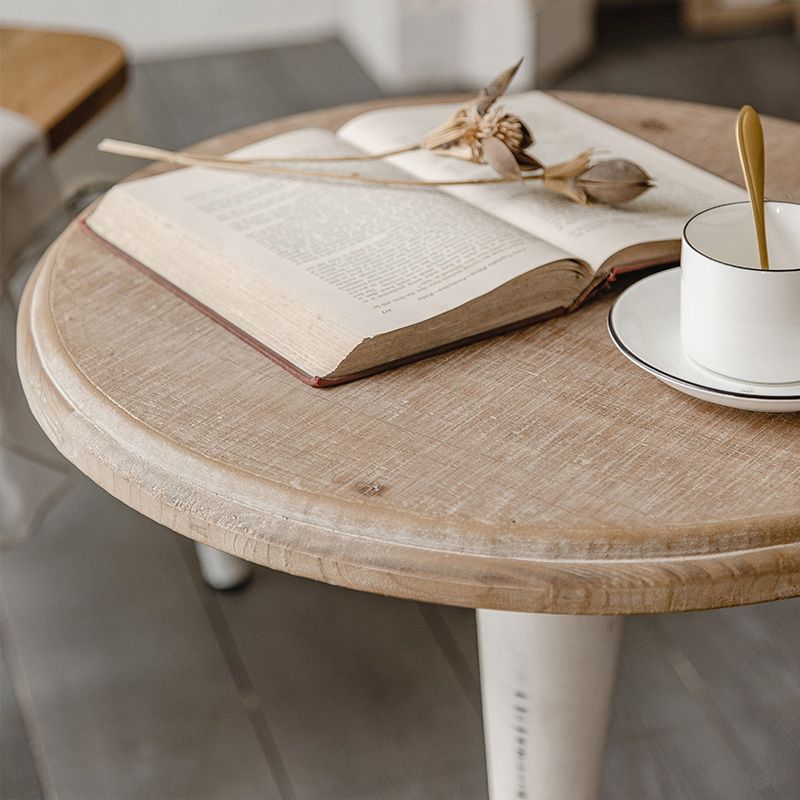 Wood Round Top Side Table Metal Base End Table - Distressed Surface Treatment