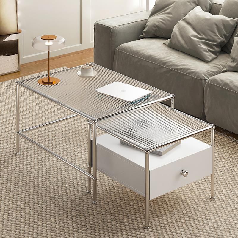 Modern 2 Nesting Glass Coffee Table Set Steel 4 Legs 1 - Drawer Cocktail Table Clearhalo 'Coffee & Accent Tables' 'Coffee Tables' 'coffee_tables' 'furn' 'furn_coffee_tables' 'Furniture' 'Living Room Furniture' 1200x1200_ffaeb011-799a-4fac-a444-1ed543cb0e6a