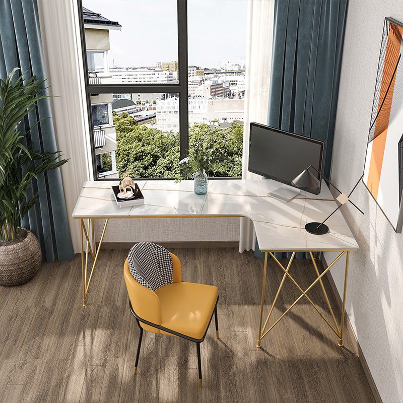 L-Shape Modern Style Office Desk Marble and Metal Writing Desk in White and Gold Clearhalo 'furn' 'furn_office_desk' 'Furniture' 'Office Desks' 'Office Furniture' 'office_desk' 1200x1200_ffe0e2de-9157-42b3-bed0-35cfbb5f4adc