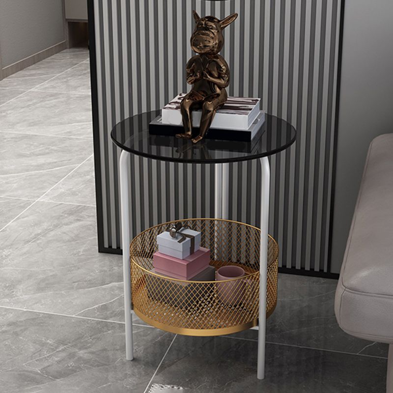 23.6" Tall Modern Round Glass Top Side Table Iron 3 Legs End Table with Storage