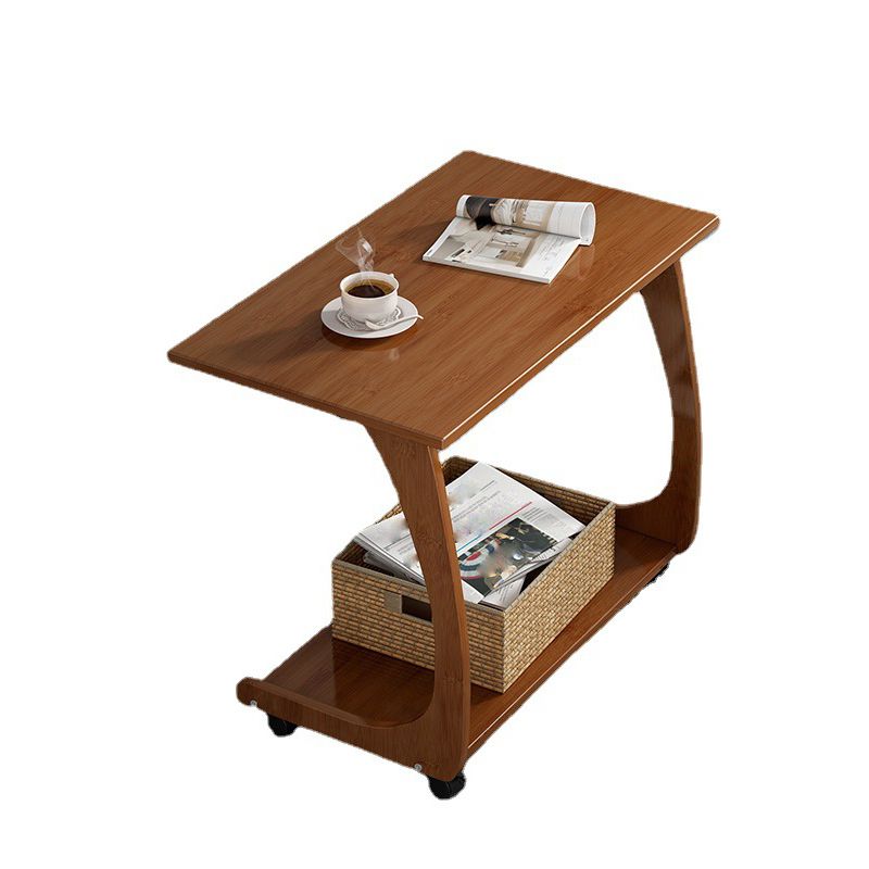 Bamboo Sofa Side Accent Table in Brown Modern 1 - Shelf End Table with Casters