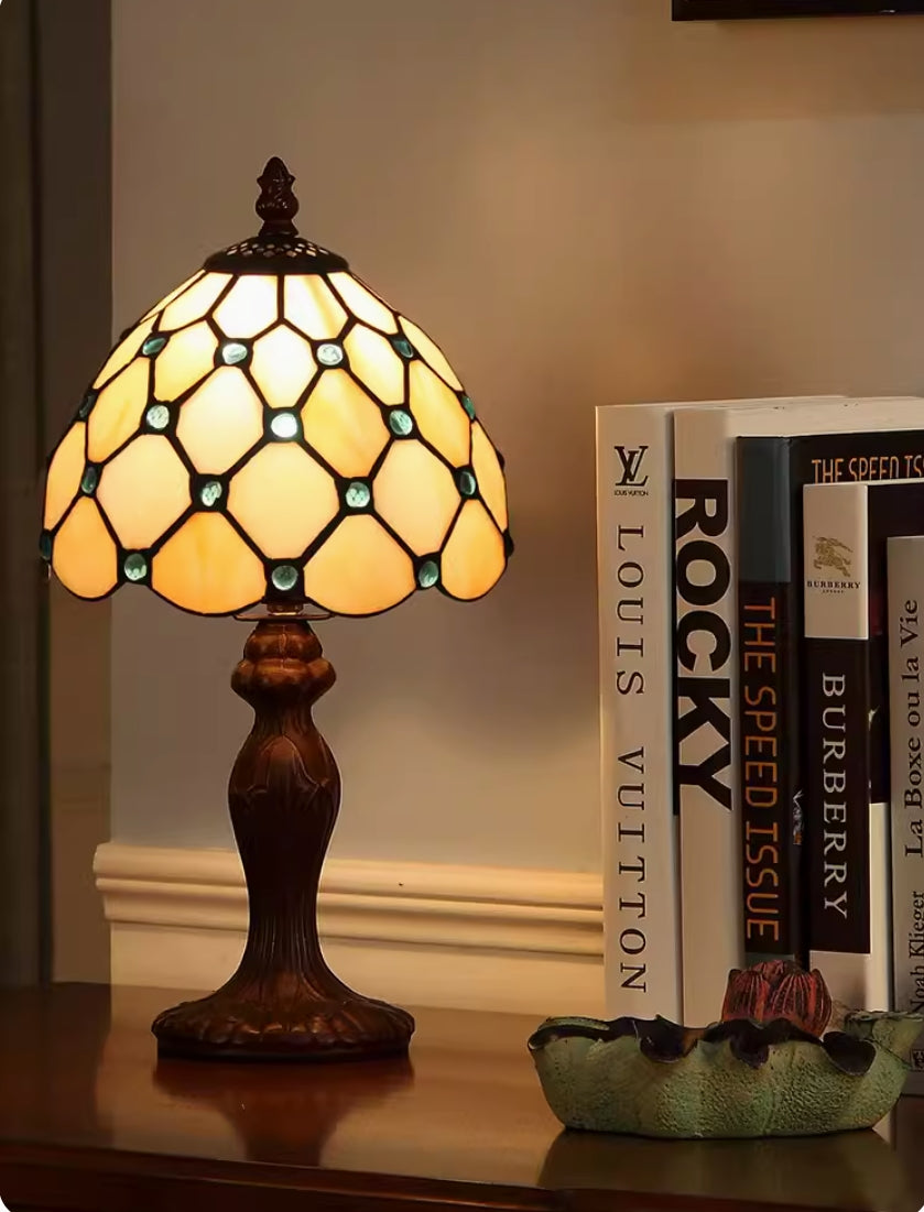 Single-Bulb Nightstand Light Tiffany Style Beaded Tan Glass Table Lamp in Dark Brown for Bedroom Dark Brown Clearhalo 'Lamps' 'Table Lamps' Lighting' 12345