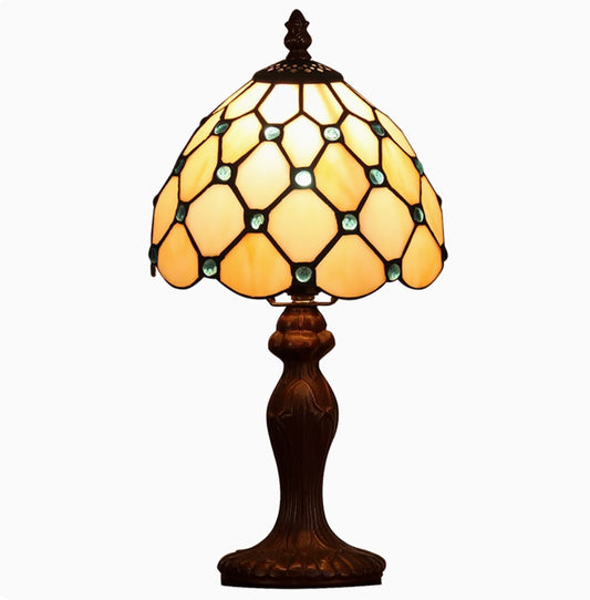 Single-Bulb Nightstand Light Tiffany Style Beaded Tan Glass Table Lamp in Dark Brown for Bedroom Clearhalo 'Lamps' 'Table Lamps' Lighting' 123_e1510089-3952-4569-80fd-42c7b36b934a