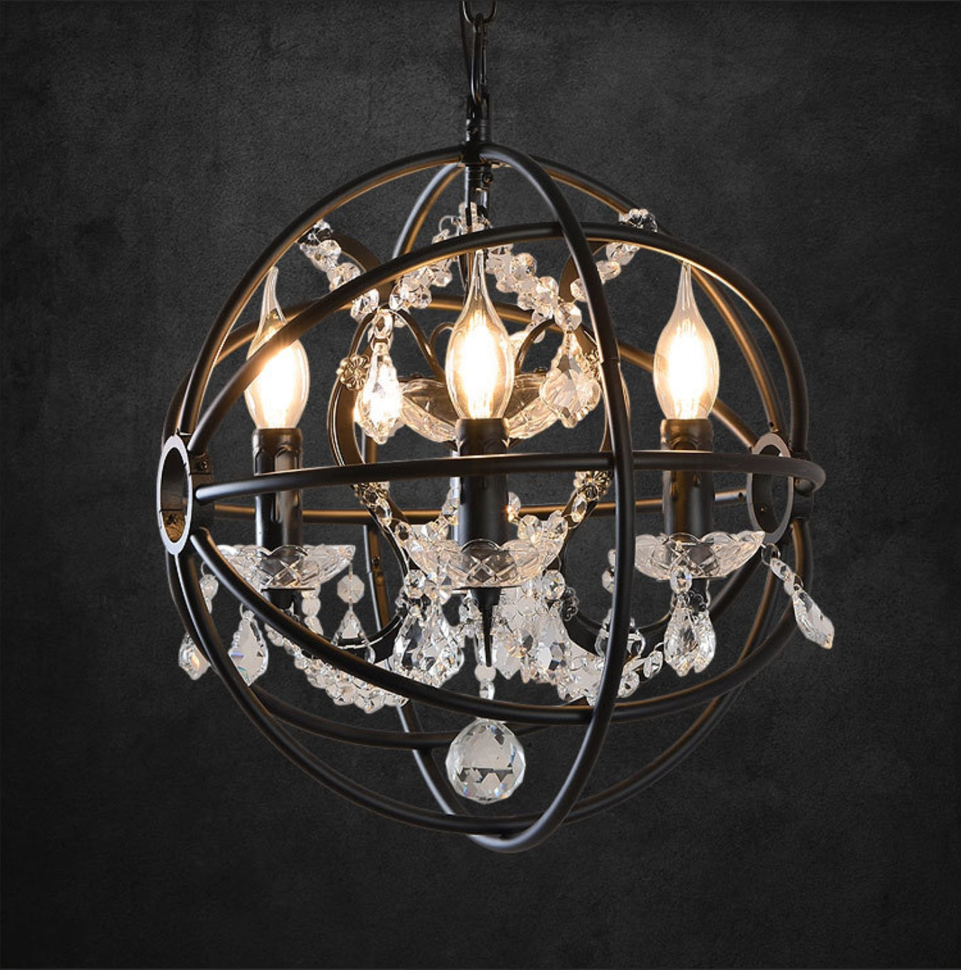 Wrought Iron Spherical Chandelier Pendant Rustic 4-Light Restaurant Hanging Light with Crystal Deco Black Clearhalo 'Ceiling Lights' 'Chandeliers' Lighting' options 12_a41089cb-967a-4834-9514-15caa2d1cacc