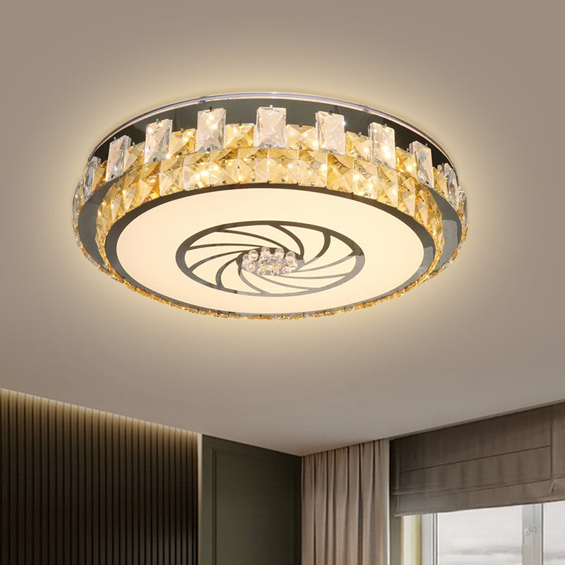 Nickel LED Ceiling Mount Contemporary Clear Beveled Crystal Blocks Round Flush Light Fixture with Windmill Pattern