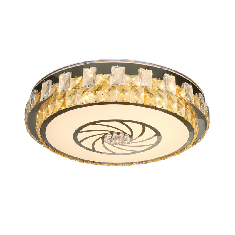 Nickel LED Ceiling Mount Contemporary Clear Beveled Crystal Blocks Round Flush Light Fixture with Windmill Pattern