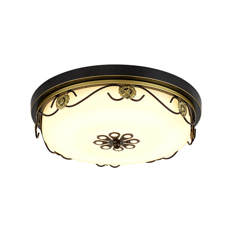Drum Shaped Opal Glass LED Flush Ceiling Light Vintage Bedroom Flush Mount Lighting Fixture with Floral Decor in Black Clearhalo 'Ceiling Lights' 'Close To Ceiling Lights' 'Close to ceiling' 'Flush mount' Lighting' 15869312842_1131860433