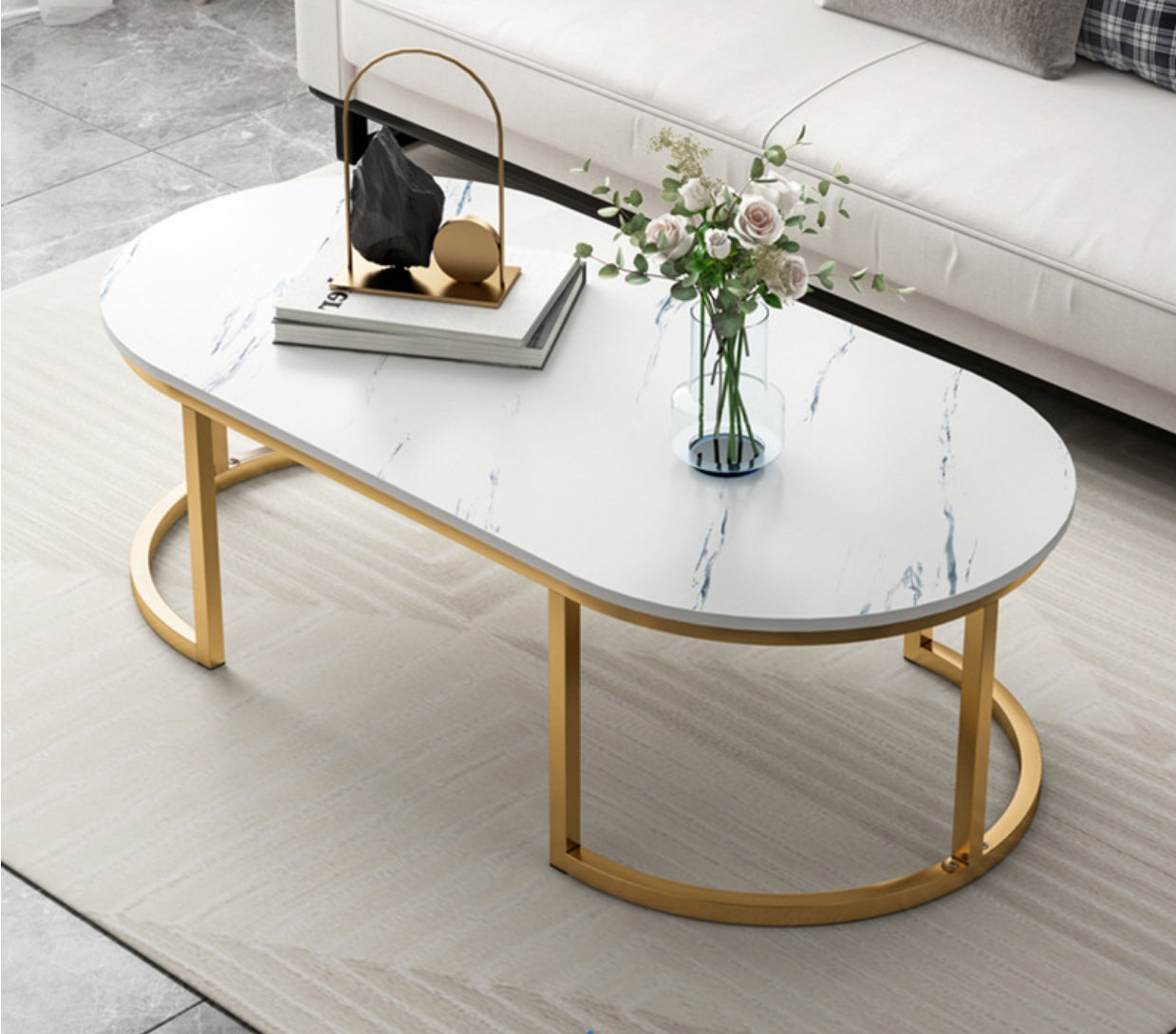 Modern Oval Marble Imitation Coffee Table with Metal Legs in Black/White with Shelf White Shelves Not Included Clearhalo 'Coffee & Accent Tables' 'Coffee Tables' 'coffee_tables' 'Furniture' 'furniture_coffee_tables' 'Living Room Furniture' 1_c596ad6e-8f6c-49c5-883d-d6fed0c39c28