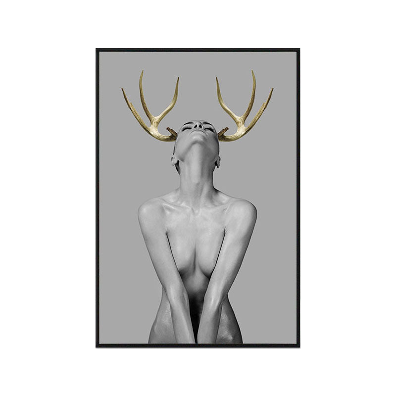 Woman with Antler Wall Art Textured Modern Style Dining Room Canvas Print in Gold