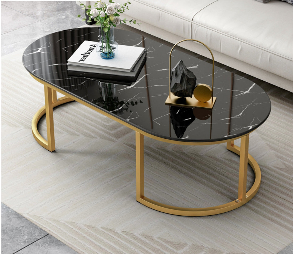 Modern Oval Marble Imitation Coffee Table with Metal Legs in Black/White with Shelf Black Shelves Not Included Clearhalo 'Coffee & Accent Tables' 'Coffee Tables' 'coffee_tables' 'Furniture' 'furniture_coffee_tables' 'Living Room Furniture' 23_87dc8552-8130-46b2-ab88-f67cc4ec4f06
