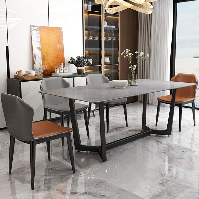 Contemporary Slate Rectangle Dining Furniture Double Pedestal Kitchen Set in Black Finish with 4 Chairs Clearhalo 'Dining Room Sets' 'Dining Tables & Seating' 'dining_room_set' 'Furniture' 'furniture_dining_room_set' 'Kitchen & Dining Furniture' 'kitchen&dining_furn' 'kitchen' 3347202