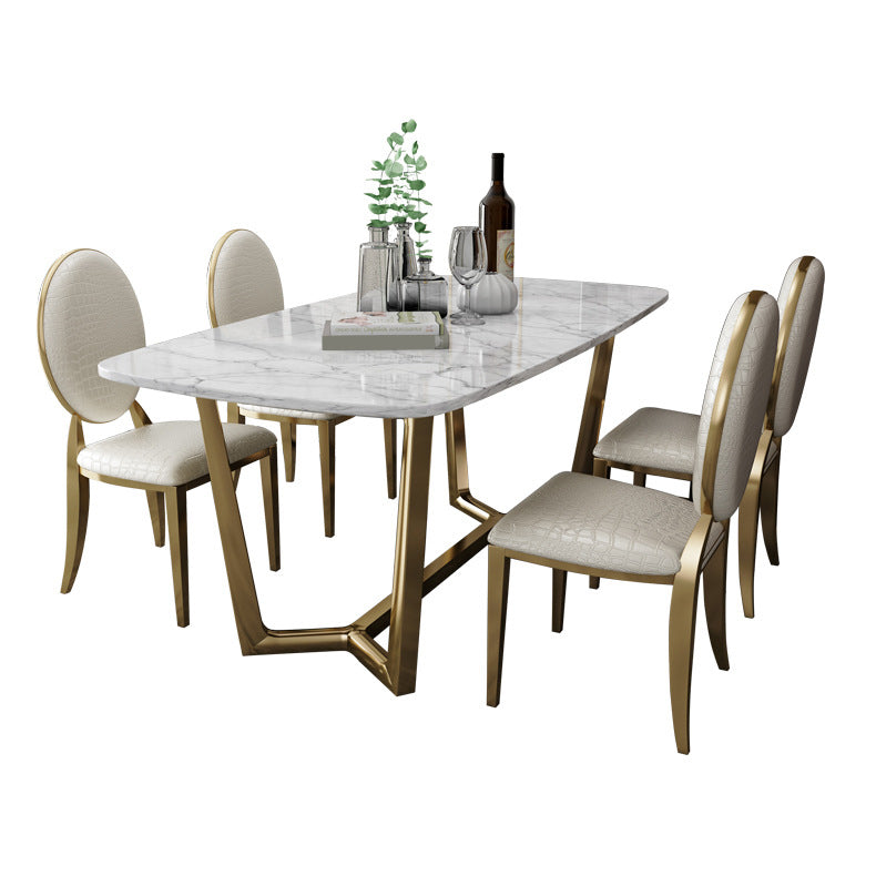 Modern Style Marble Dining Room Set with White Table and Gold Trestle Base for Home Use with 4 Chairs Clearhalo 'Dining Room Sets' 'Dining Tables & Seating' 'dining_room_set' 'Furniture' 'furniture_dining_room_set' 'Kitchen & Dining Furniture' 'kitchen&dining_furn' 'kitchen' 3347501