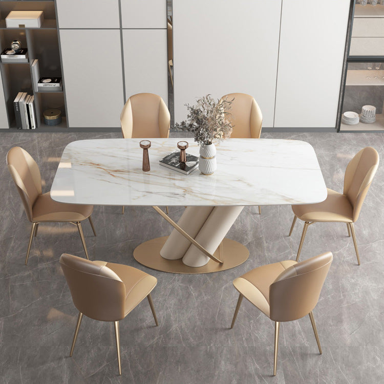 Modern Style Sintered Stone Dining Set with White Rectangle Shape Table and Trestle Base Clearhalo 'Dining Room Sets' 'Dining Tables & Seating' 'dining_room_set' 'Furniture' 'furniture_dining_room_set' 'Kitchen & Dining Furniture' 'kitchen&dining_furn' 'kitchen' 3347806