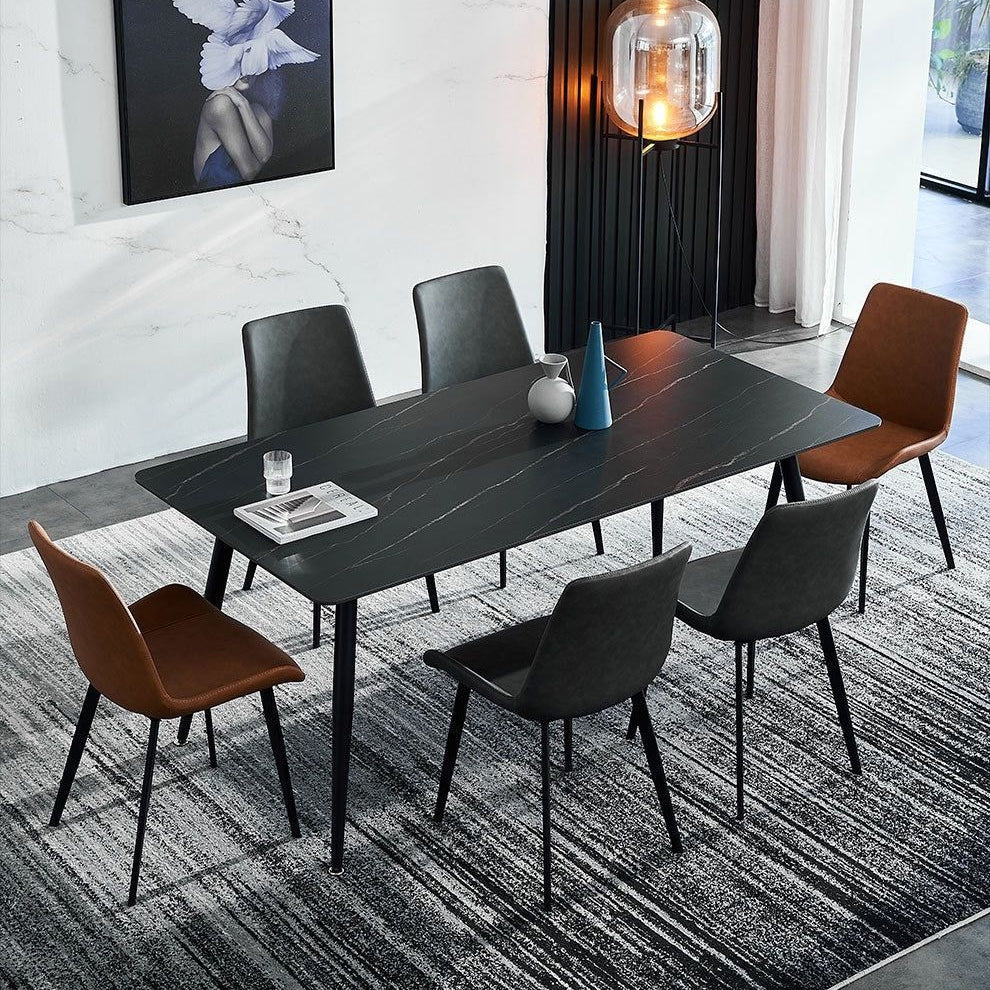 Modern Sintered Stone Dining Room Set Standard Height with 4 Legs Base Dining Set Black with 6 Chairs Clearhalo 'Dining Room Sets' 'Dining Tables & Seating' 'dining_room_set' 'furn' 'furn_dining_room_set' 'Furniture' 'furniture_dining_room_set' 'Kitchen & Dining Furniture' 'kitchen&dining_furn' 'kitchen' 3348085
