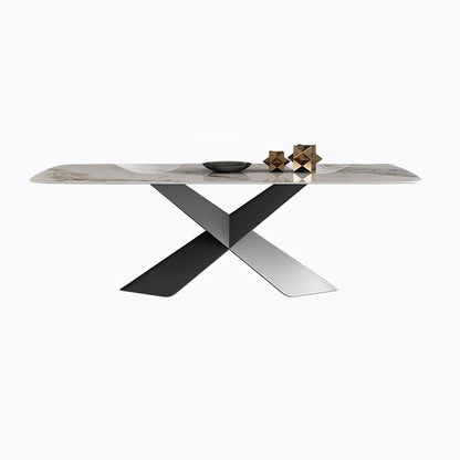 Contemporary Fixed Faux Marble Top Dining Room Table with 2 Black Metallic Legs Kitchen Dining Set Table Only Clearhalo 'Dining Room Sets' 'Dining Tables & Seating' 'dining_room_set' 'Furniture' 'furniture_dining_room_set' 'Kitchen & Dining Furniture' 'kitchen&dining_furn' 'kitchen' 3350369