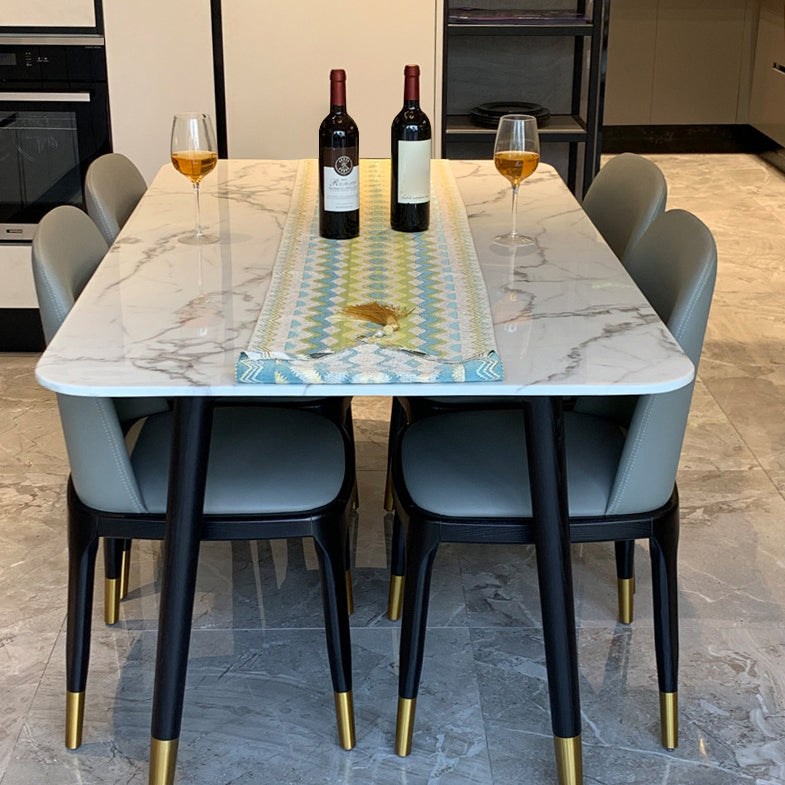 Scandinavian White Slate Dining Table Rectangular Dining Table with Wood Base with 4 Chairs Clearhalo 'Dining Room Sets' 'Dining Tables & Seating' 'dining_room_set' 'furn' 'furn_dining_room_set' 'Furniture' 'furniture_dining_room_set' 'Kitchen & Dining Furniture' 'kitchen&dining_furn' 'kitchen' 3361827