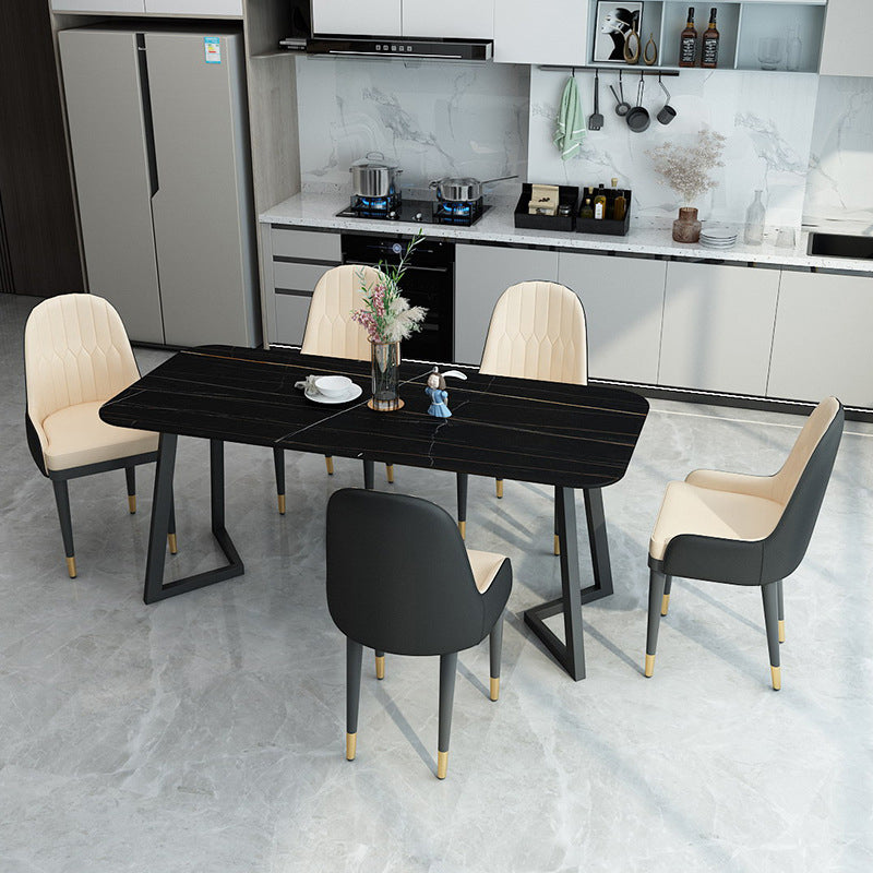 Contemporary Sintered Stone Standard Dining Set Black & White Rectangle Shape Dining Set for Kitchen Black Clearhalo 'Dining Room Sets' 'Dining Tables & Seating' 'dining_room_set' 'furn' 'furn_dining_room_set' 'Furniture' 'furniture_dining_room_set' 'Kitchen & Dining Furniture' 'kitchen&dining_furn' 'kitchen' 3361975