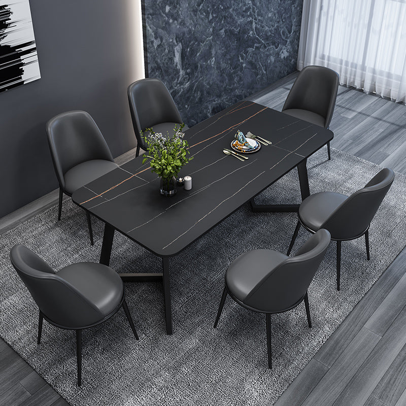 Modern Style Sintered Stone Dining Set with Rectangle Shape Table and Double Pedestal Base Black with 6 Chairs Clearhalo 'Dining Room Sets' 'Dining Tables & Seating' 'dining_room_set' 'furn' 'furn_dining_room_set' 'Furniture' 'furniture_dining_room_set' 'Kitchen & Dining Furniture' 'kitchen&dining_furn' 'kitchen' 3362026