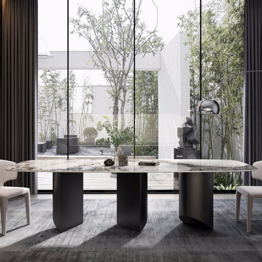 Modern Sintered Stone Rectangle Dining Set Standard Height Black Legs Home Use Dining Set Clearhalo 'Dining Room Sets' 'Dining Tables & Seating' 'dining_room_set' 'furn' 'furn_dining_room_set' 'Furniture' 'furniture_dining_room_set' 'Kitchen & Dining Furniture' 'kitchen&dining_furn' 'kitchen' 3369425