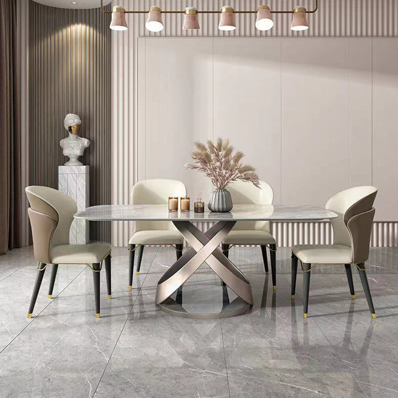 Modern Sintered Stone Gray Dining Set with Rectangle Table and Pedestal Base Home Use Dining Set with 4 Chairs Clearhalo 'Dining Room Sets' 'Dining Tables & Seating' 'dining_room_set' 'furn' 'furn_dining_room_set' 'Furniture' 'furniture_dining_room_set' 'Kitchen & Dining Furniture' 'kitchen&dining_furn' 'kitchen' 3369463