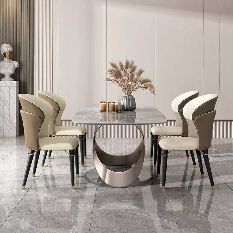 Modern Sintered Stone Gray Dining Set with Rectangle Table and Pedestal Base Home Use Dining Set Clearhalo 'Dining Room Sets' 'Dining Tables & Seating' 'dining_room_set' 'furn' 'furn_dining_room_set' 'Furniture' 'furniture_dining_room_set' 'Kitchen & Dining Furniture' 'kitchen&dining_furn' 'kitchen' 3369464