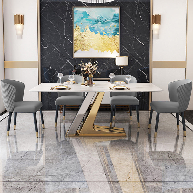 Scandinavian Metal Base Textured Dining Table Rectangle Formal Dinette Set for Home Clearhalo 'Dining Room Sets' 'Dining Tables & Seating' 'dining_room_set' 'furn' 'furn_dining_room_set' 'Furniture' 'furniture_dining_room_set' 'Kitchen & Dining Furniture' 'kitchen&dining_furn' 'kitchen' 3369478