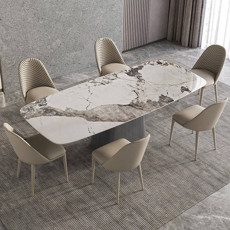 Minimalist Sintered Stone Dining Room Set with Black Base Formal Dining Table Set with 6 Chairs Clearhalo 'Dining Room Sets' 'Dining Tables & Seating' 'dining_room_set' 'furn' 'furn_dining_room_set' 'Furniture' 'furniture_dining_room_set' 'Kitchen & Dining Furniture' 'kitchen&dining_furn' 'kitchen' 3369520