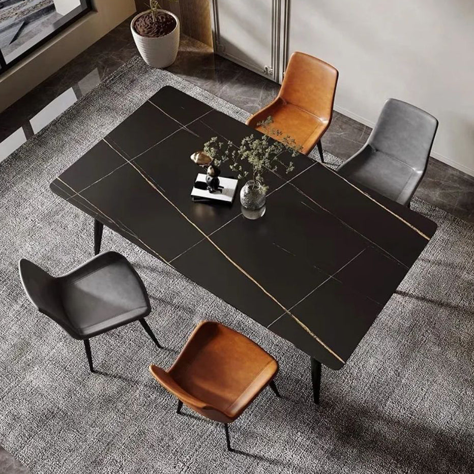 Modern Style Sintered Stone Dining Table with Rectangle Shape Table and 4 Black Legs Base Black Clearhalo 'Dining Room Sets' 'Dining Tables & Seating' 'dining_room_set' 'furn' 'furn_dining_room_set' 'Furniture' 'furniture_dining_room_set' 'Kitchen & Dining Furniture' 'kitchen&dining_furn' 'kitchen' 3369547