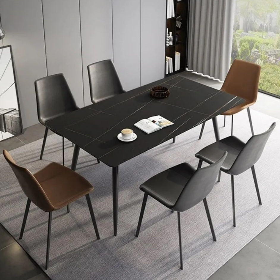 Modern Style Sintered Stone Dining Table with Rectangle Shape Table and 4 Black Legs Base Clearhalo 'Dining Room Sets' 'Dining Tables & Seating' 'dining_room_set' 'furn' 'furn_dining_room_set' 'Furniture' 'furniture_dining_room_set' 'Kitchen & Dining Furniture' 'kitchen&dining_furn' 'kitchen' 3369549