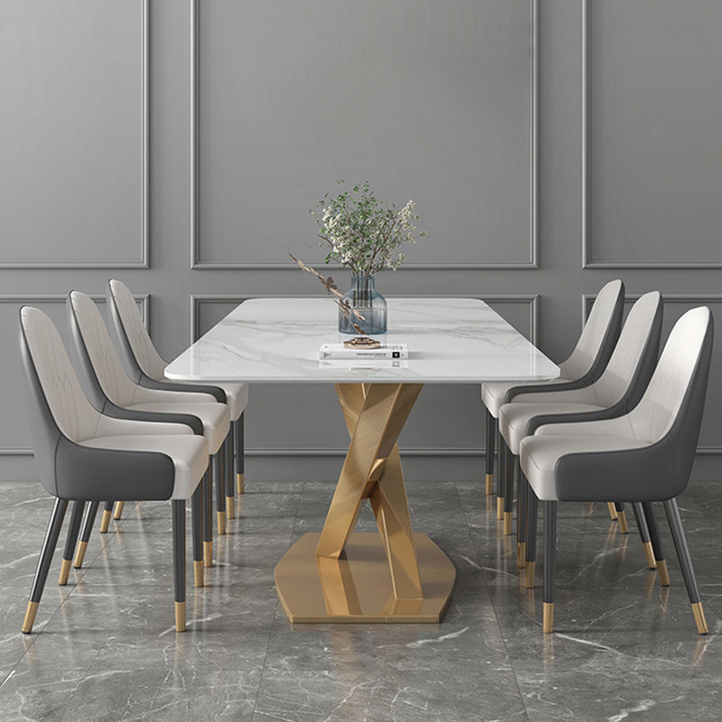 Modern Sintered Stone White Dining Set with Rectangle Table and Gold Legs Formal Dining Set Clearhalo 'Dining Room Sets' 'Dining Tables & Seating' 'dining_room_set' 'furn' 'furn_dining_room_set' 'Furniture' 'furniture_dining_room_set' 'Kitchen & Dining Furniture' 'kitchen&dining_furn' 'kitchen' 3369564