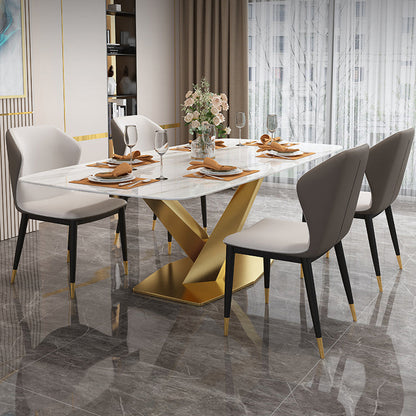 Minimalist Style Sintered Stone Dining Room Set with White Table and Gold Trestle Base for Home Use 5 Piece Set Clearhalo 'Dining Room Sets' 'Dining Tables & Seating' 'dining_room_set' 'furn' 'furn_dining_room_set' 'Furniture' 'furniture_dining_room_set' 'Kitchen & Dining Furniture' 'kitchen&dining_furn' 'kitchen' 3376006
