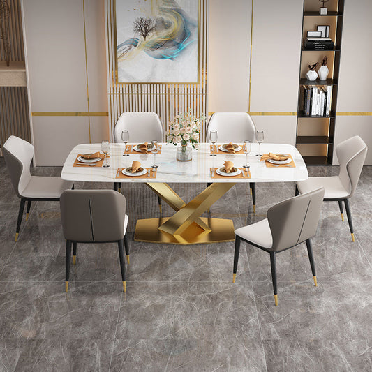 Minimalist Style Sintered Stone Dining Room Set with White Table and Gold Trestle Base for Home Use Clearhalo 'Dining Room Sets' 'Dining Tables & Seating' 'dining_room_set' 'furn' 'furn_dining_room_set' 'Furniture' 'furniture_dining_room_set' 'Kitchen & Dining Furniture' 'kitchen&dining_furn' 'kitchen' 3376008