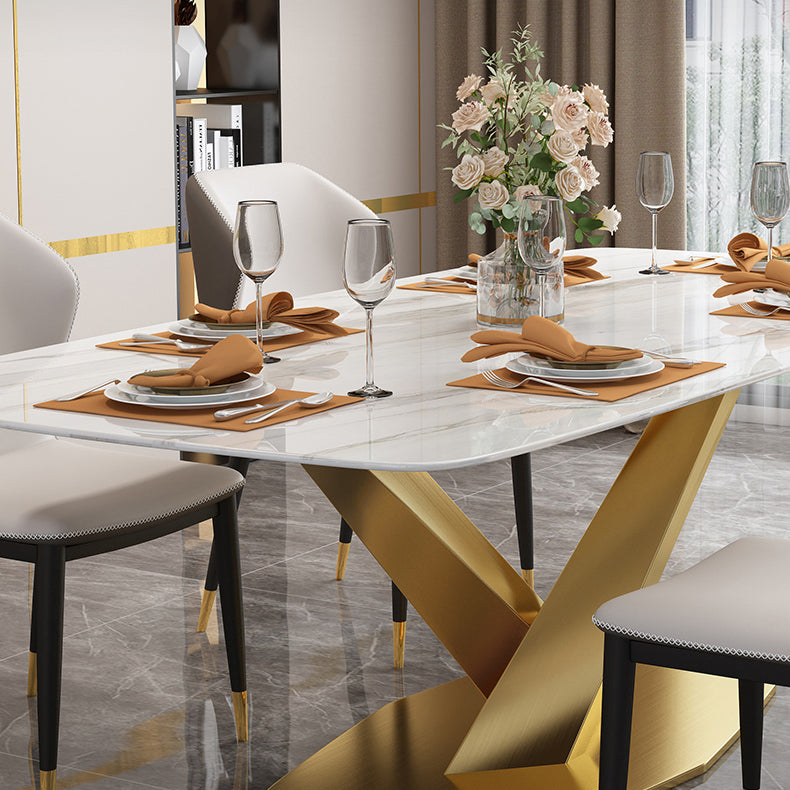 Minimalist Style Sintered Stone Dining Room Set with White Table and Gold Trestle Base for Home Use Clearhalo 'Dining Room Sets' 'Dining Tables & Seating' 'dining_room_set' 'furn' 'furn_dining_room_set' 'Furniture' 'furniture_dining_room_set' 'Kitchen & Dining Furniture' 'kitchen&dining_furn' 'kitchen' 3376009