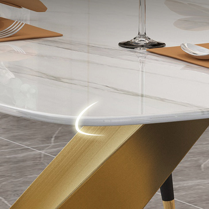 Minimalist Style Sintered Stone Dining Room Set with White Table and Gold Trestle Base for Home Use Clearhalo 'Dining Room Sets' 'Dining Tables & Seating' 'dining_room_set' 'furn' 'furn_dining_room_set' 'Furniture' 'furniture_dining_room_set' 'Kitchen & Dining Furniture' 'kitchen&dining_furn' 'kitchen' 3376012