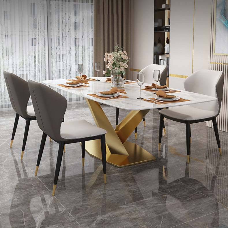 Minimalist Style Sintered Stone Dining Room Set with White Table and Gold Trestle Base for Home Use Clearhalo 'Dining Room Sets' 'Dining Tables & Seating' 'dining_room_set' 'furn' 'furn_dining_room_set' 'Furniture' 'furniture_dining_room_set' 'Kitchen & Dining Furniture' 'kitchen&dining_furn' 'kitchen' 3376019