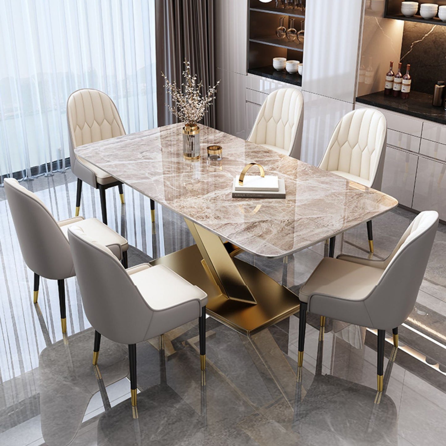Minimalist Style Sintered Stone Dining Room Set with Fixed Table and Gold Trestle Base for Home Use Grey 7 Piece Set Clearhalo 'Dining Room Sets' 'Dining Tables & Seating' 'dining_room_set' 'furn' 'furn_dining_room_set' 'Furniture' 'furniture_dining_room_set' 'Kitchen & Dining Furniture' 'kitchen&dining_furn' 'kitchen' 3376037