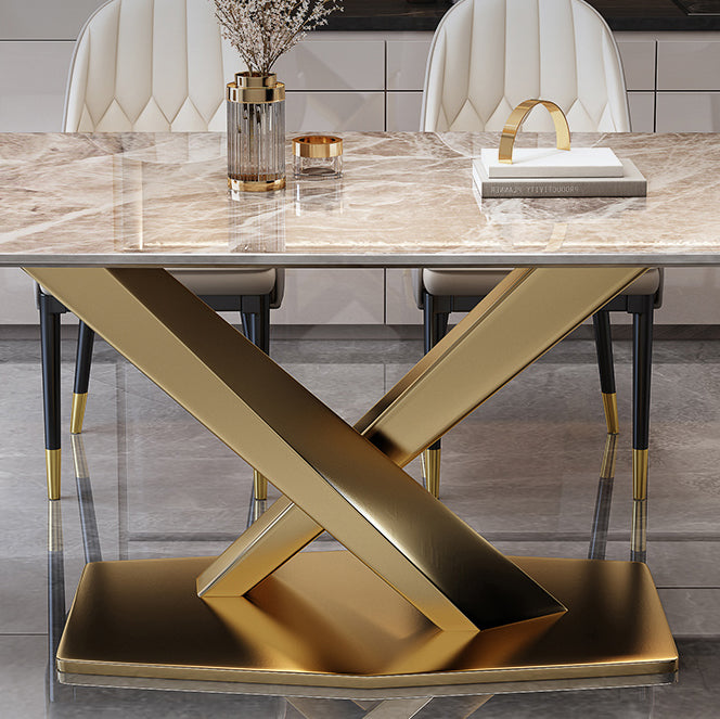Minimalist Style Sintered Stone Dining Room Set with Fixed Table and Gold Trestle Base for Home Use Clearhalo 'Dining Room Sets' 'Dining Tables & Seating' 'dining_room_set' 'furn' 'furn_dining_room_set' 'Furniture' 'furniture_dining_room_set' 'Kitchen & Dining Furniture' 'kitchen&dining_furn' 'kitchen' 3376040