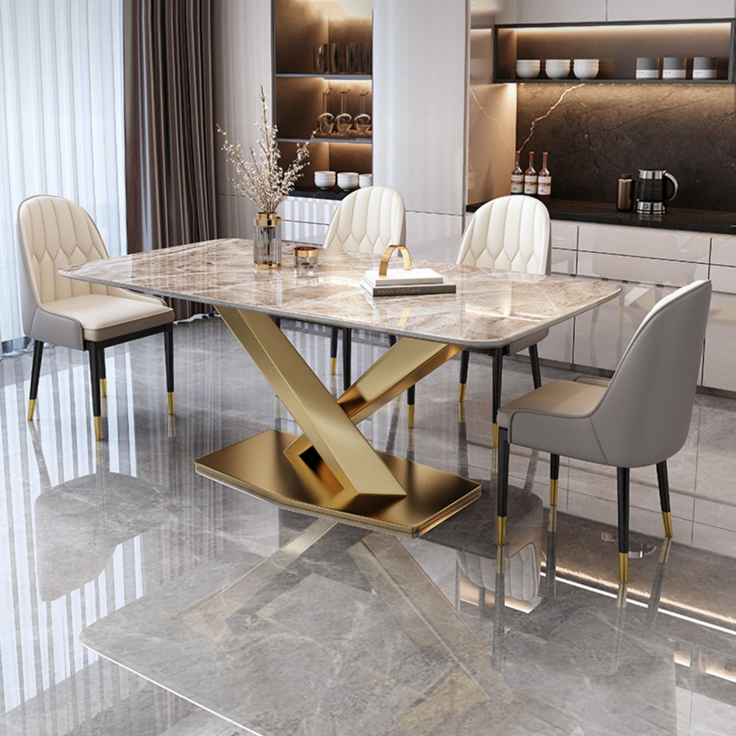 Minimalist Style Sintered Stone Dining Room Set with Fixed Table and Gold Trestle Base for Home Use Clearhalo 'Dining Room Sets' 'Dining Tables & Seating' 'dining_room_set' 'furn' 'furn_dining_room_set' 'Furniture' 'furniture_dining_room_set' 'Kitchen & Dining Furniture' 'kitchen&dining_furn' 'kitchen' 3376048