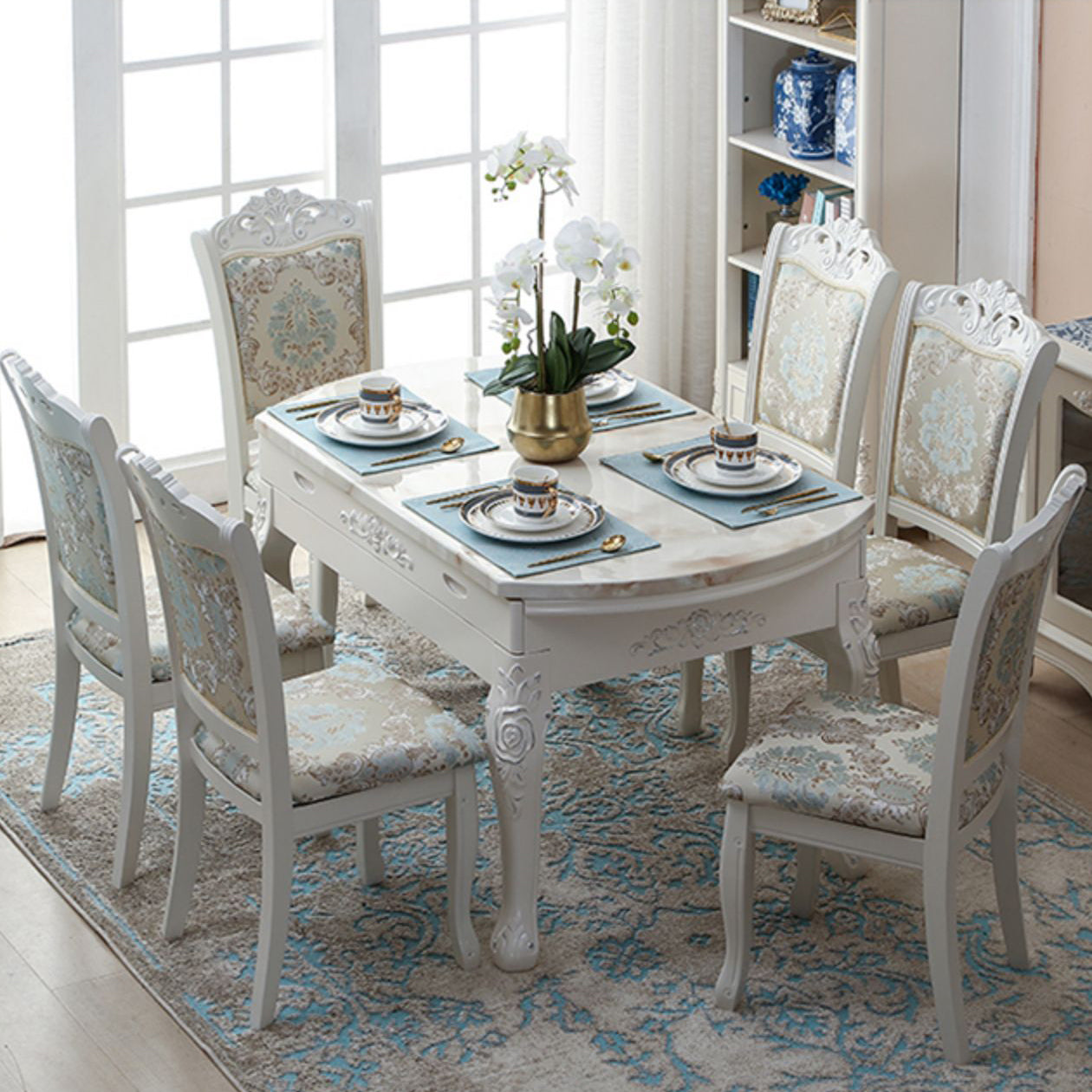 Victorian Dining Room Set Standard Height with Rectangle Top 4 Legs Base Dining Furniture Brown 7 Piece Set Clearhalo 'Dining Room Sets' 'Dining Tables & Seating' 'dining_room_set' 'furn' 'furn_dining_room_set' 'Furniture' 'furniture_dining_room_set' 'Kitchen & Dining Furniture' 'kitchen&dining_furn' 'kitchen' 3376153