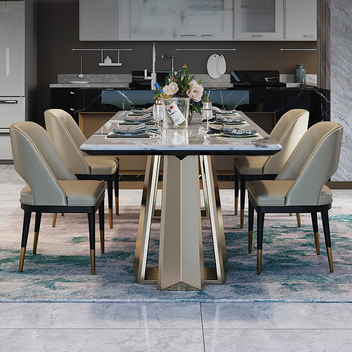 Minimalist Style Marble Dining Set with Traditional Height Table and Double Pedestal Base Grey 5 Piece Set Clearhalo 'Dining Room Sets' 'Dining Tables & Seating' 'dining_room_set' 'furn' 'furn_dining_room_set' 'Furniture' 'furniture_dining_room_set' 'Kitchen & Dining Furniture' 'kitchen&dining_furn' 'kitchen' 3384809