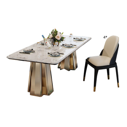 Minimalist Style Marble Dining Set with Traditional Height Table and Double Pedestal Base Black 5 Piece Set Clearhalo 'Dining Room Sets' 'Dining Tables & Seating' 'dining_room_set' 'furn' 'furn_dining_room_set' 'Furniture' 'furniture_dining_room_set' 'Kitchen & Dining Furniture' 'kitchen&dining_furn' 'kitchen' 3384810