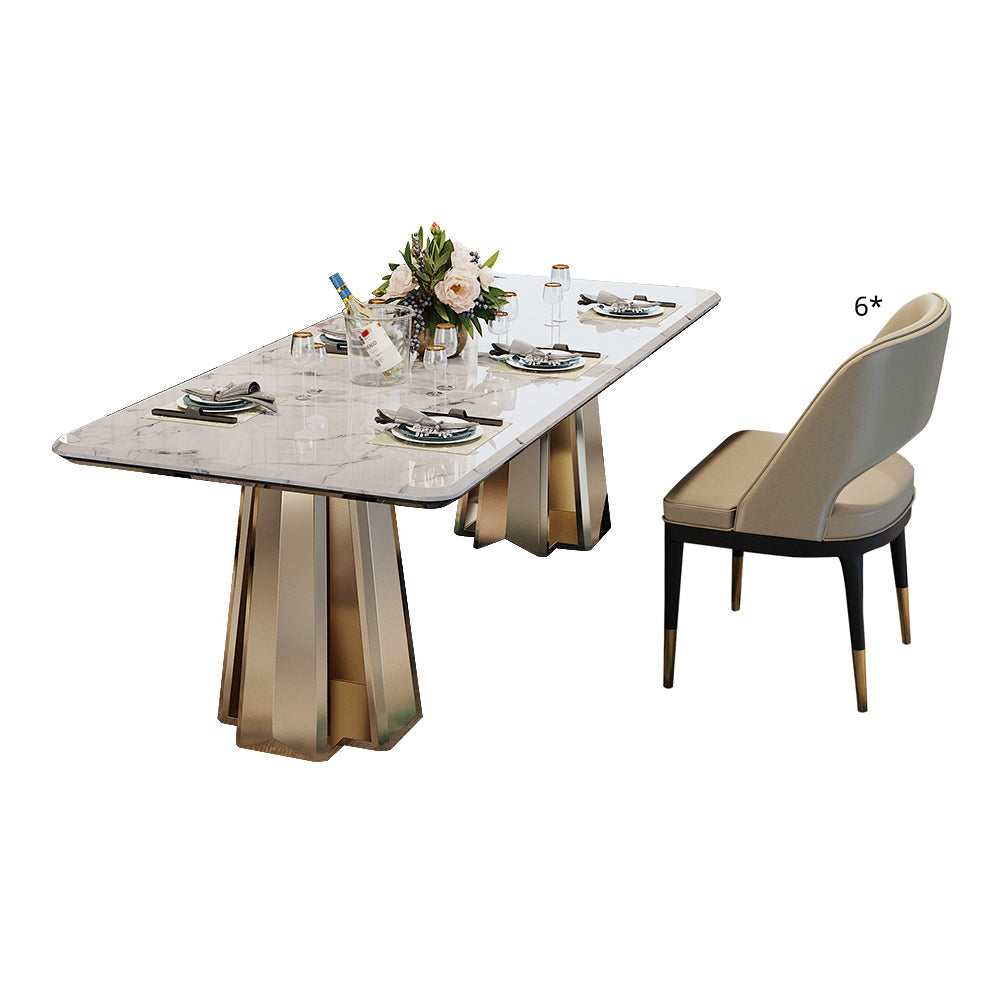 Minimalist Style Marble Dining Set with Traditional Height Table and Double Pedestal Base Grey 7 Piece Set Clearhalo 'Dining Room Sets' 'Dining Tables & Seating' 'dining_room_set' 'furn' 'furn_dining_room_set' 'Furniture' 'furniture_dining_room_set' 'Kitchen & Dining Furniture' 'kitchen&dining_furn' 'kitchen' 3384812