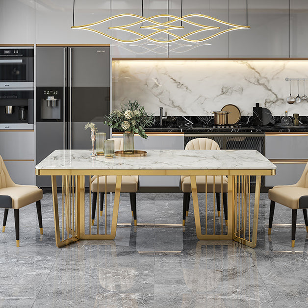 Minimalist Style Sintered Stone Dining Table with Fixed Table and Double Pedestal Base Clearhalo 'Dining Room Sets' 'Dining Tables & Seating' 'dining_room_set' 'furn' 'furn_dining_room_set' 'Furniture' 'furniture_dining_room_set' 'Kitchen & Dining Furniture' 'kitchen&dining_furn' 'kitchen' 3384838