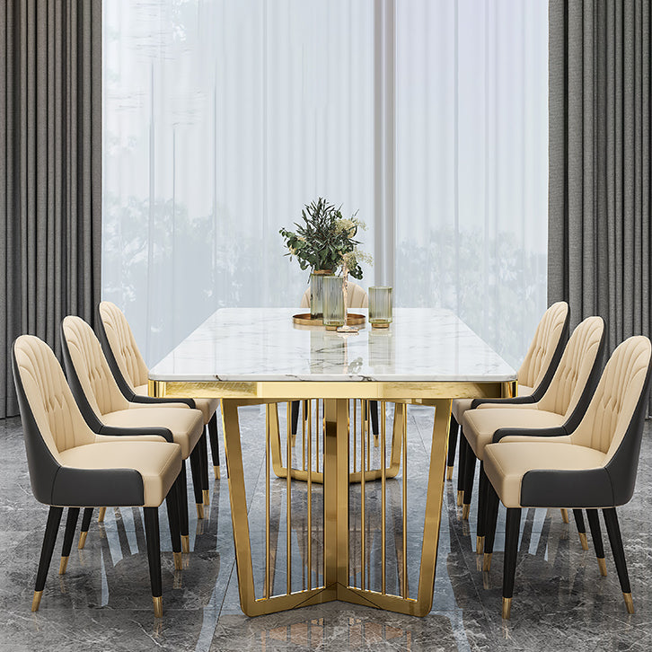 Minimalist Style Sintered Stone Dining Table with Fixed Table and Double Pedestal Base Clearhalo 'Dining Room Sets' 'Dining Tables & Seating' 'dining_room_set' 'furn' 'furn_dining_room_set' 'Furniture' 'furniture_dining_room_set' 'Kitchen & Dining Furniture' 'kitchen&dining_furn' 'kitchen' 3384840