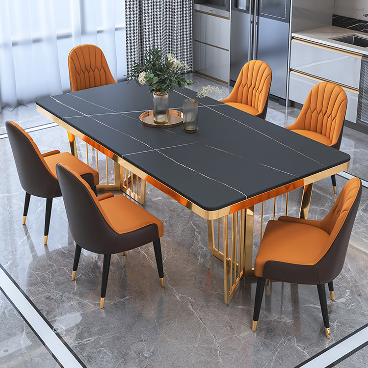 Minimalist Style Sintered Stone Dining Table with Fixed Table and Double Pedestal Base Black 7 Piece Set Clearhalo 'Dining Room Sets' 'Dining Tables & Seating' 'dining_room_set' 'furn' 'furn_dining_room_set' 'Furniture' 'furniture_dining_room_set' 'Kitchen & Dining Furniture' 'kitchen&dining_furn' 'kitchen' 3384841