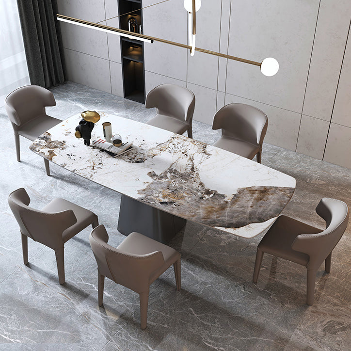 Minimalist Style Sintered Stone Dining Table with White Fixed Table and Pedestal Base for Home Use Grey 7 Piece Set Clearhalo 'Dining Room Sets' 'Dining Tables & Seating' 'dining_room_set' 'furn' 'furn_dining_room_set' 'Furniture' 'furniture_dining_room_set' 'Kitchen & Dining Furniture' 'kitchen&dining_furn' 'kitchen' 3384868