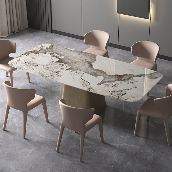 Minimalist Style Sintered Stone Dining Table with White Fixed Table and Pedestal Base for Home Use Gold 7 Piece Set Clearhalo 'Dining Room Sets' 'Dining Tables & Seating' 'dining_room_set' 'furn' 'furn_dining_room_set' 'Furniture' 'furniture_dining_room_set' 'Kitchen & Dining Furniture' 'kitchen&dining_furn' 'kitchen' 3384871