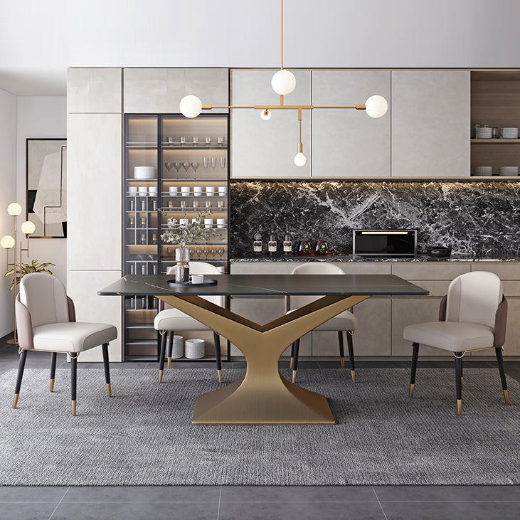 Minimalist Dining Room Set with Sintered Stone Top and Gold Base Formal Table Set Clearhalo 'Dining Room Sets' 'Dining Tables & Seating' 'dining_room_set' 'furn' 'furn_dining_room_set' 'Furniture' 'furniture_dining_room_set' 'Kitchen & Dining Furniture' 'kitchen&dining_furn' 'kitchen' 3385074