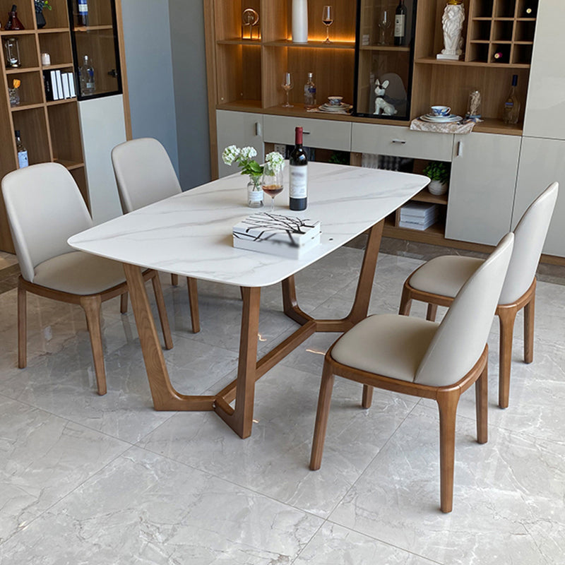 Contemporary Style White Slate Dining Table Rectangular Formal Dinette Set with Wood Base with 4 Chairs Clearhalo 'Dining Room Sets' 'Dining Tables & Seating' 'dining_room_set' 'furn' 'furn_dining_room_set' 'Furniture' 'furniture_dining_room_set' 'Kitchen & Dining Furniture' 'kitchen&dining_furn' 'kitchen' 3385116