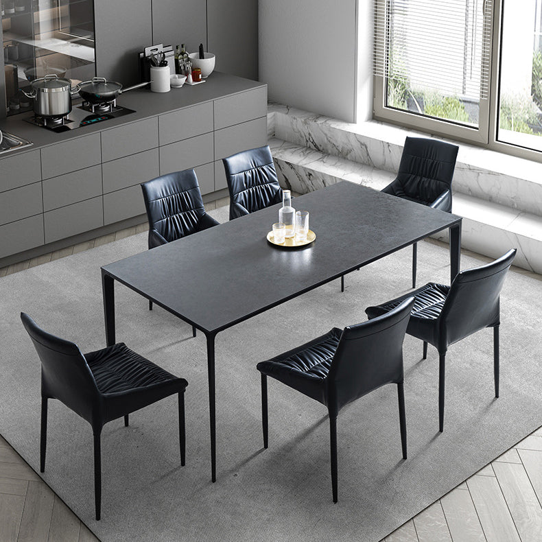 Modern Sintered Stone Black Dining Set with Rectangle Table and Black Legs Kitchen Dining Set with 6 Chairs Clearhalo 'Dining Room Sets' 'Dining Tables & Seating' 'dining_room_set' 'furn' 'furn_dining_room_set' 'Furniture' 'furniture_dining_room_set' 'Kitchen & Dining Furniture' 'kitchen&dining_furn' 'kitchen' 3385249